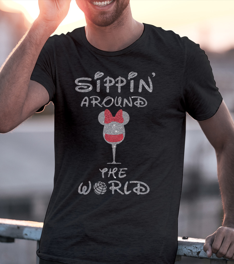 Sippin' Around The World Minnie Wine Glass Disney Epcot Bow T-Shirt