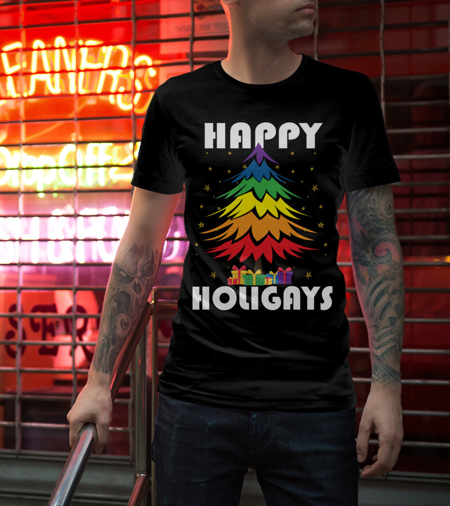 Happy Holigays Rainbow Christmas Tree And Presents T-Shirt