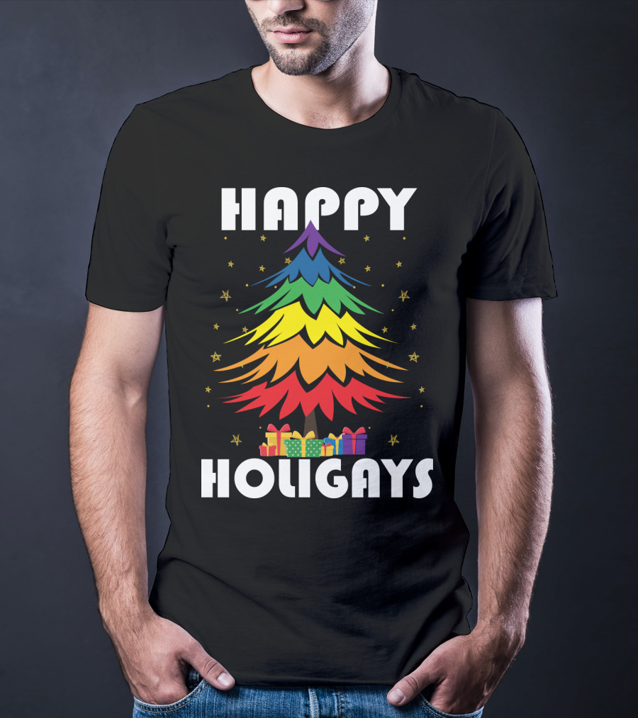 Happy Holigays Rainbow Christmas Tree And Presents T-Shirt