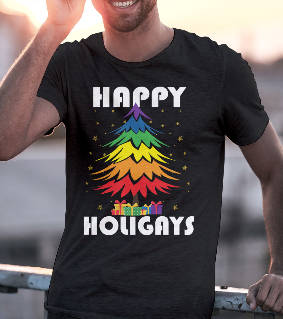 Happy Holigays Rainbow Christmas Tree And Presents T-Shirt
