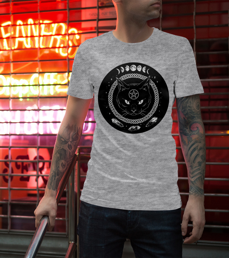 Cat Moon Magic Pentacle Phases Crystals Lunar Cycle T-Shirt