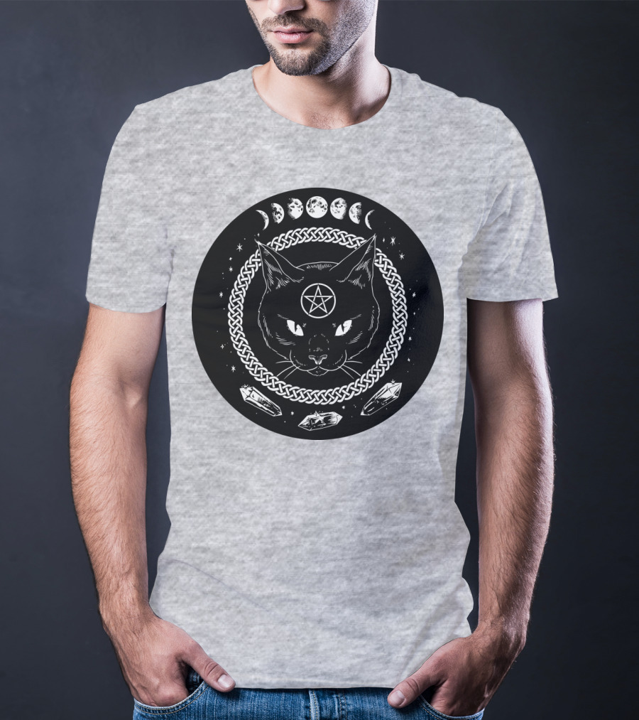 Cat Moon Magic Pentacle Phases Crystals Lunar Cycle T-Shirt