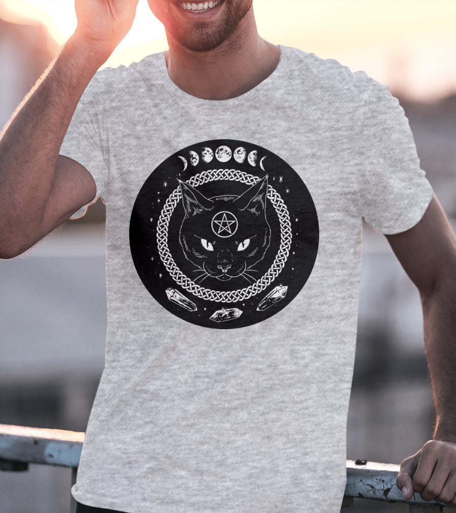 Cat Moon Magic Pentacle Phases Crystals Lunar Cycle T-Shirt