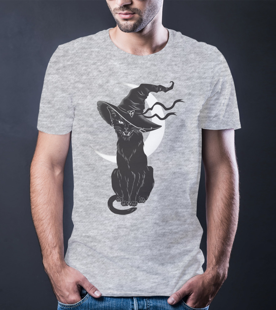 Cat Witch With Crescent Moon And Magic Hat T-Shirt