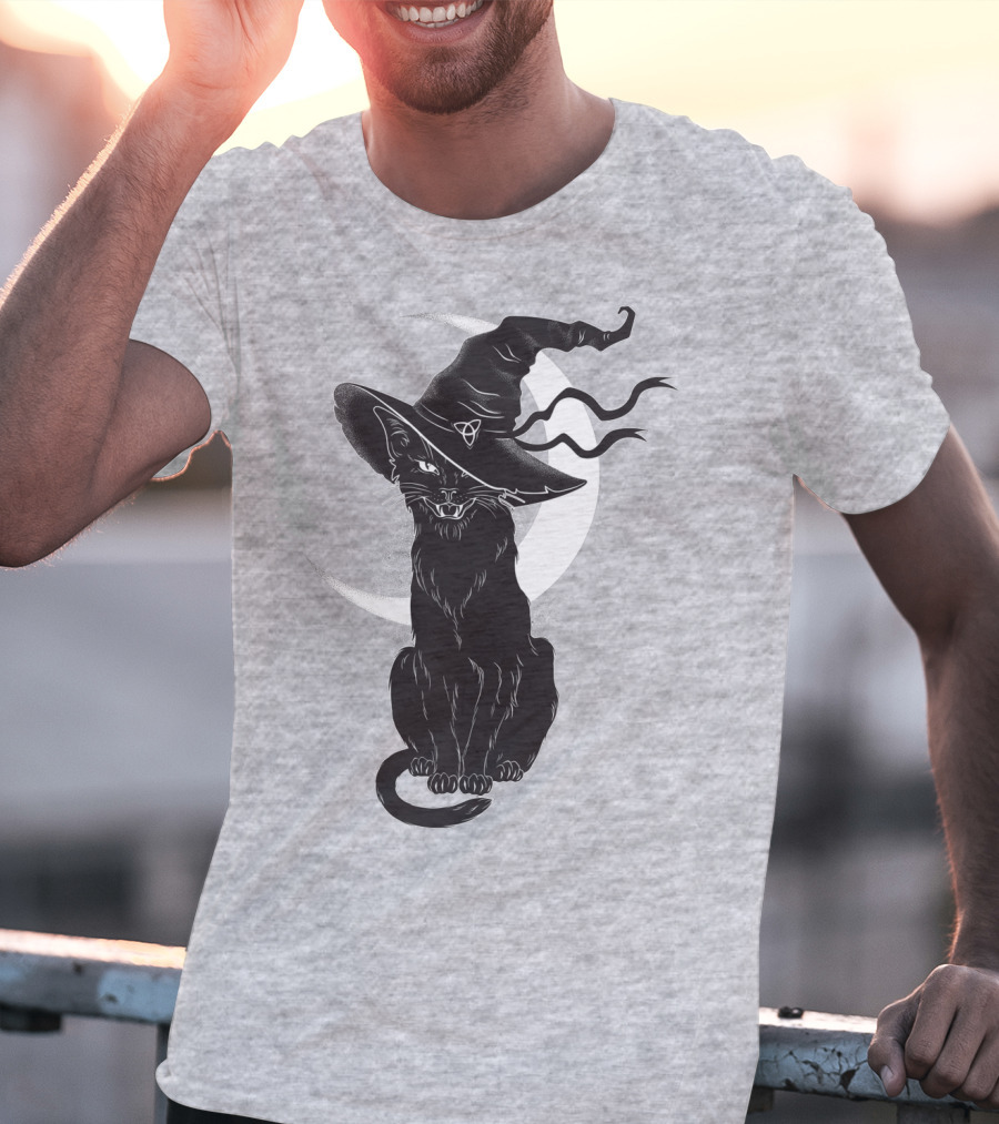 Cat Witch With Crescent Moon And Magic Hat T-Shirt