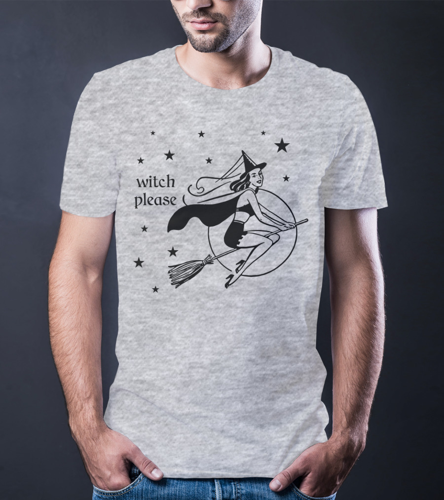 Witch Please Vintage Flying Witch Broomstick Moon Stars T-Shirt