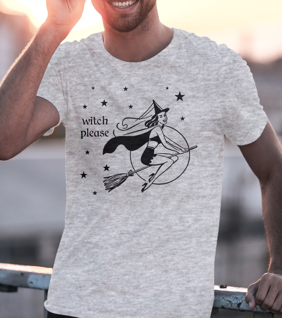 Witch Please Vintage Flying Witch Broomstick Moon Stars T-Shirt
