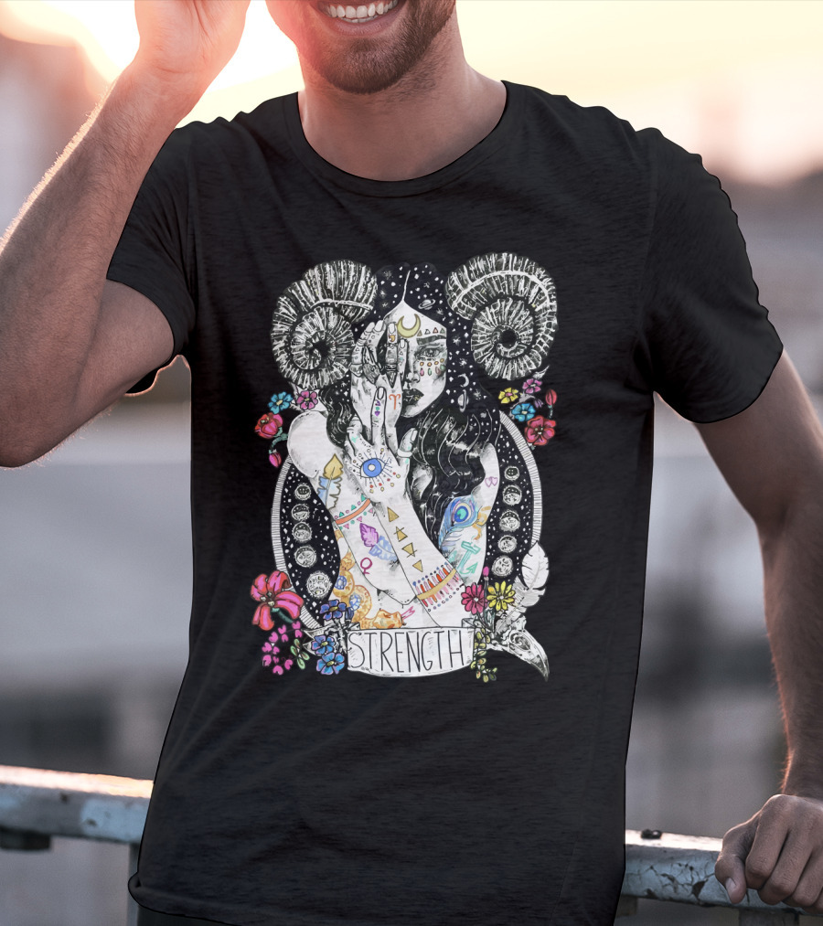 Strength Zodiac Goddess With Symbols And Flowers T-Shirt