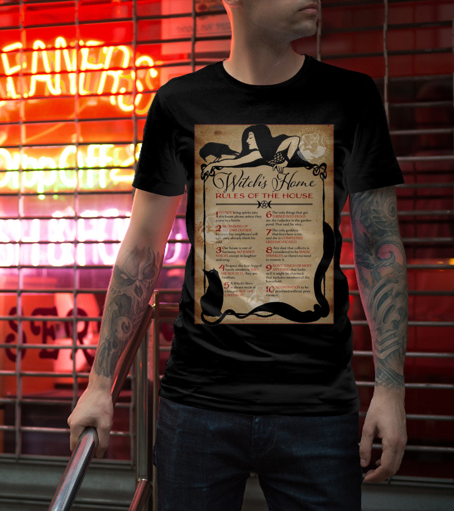 Witch's Home Rules Of The House Guide With Black Cat, Raven, Potion, Magic, And Enchanting Text Elements T-Shirt