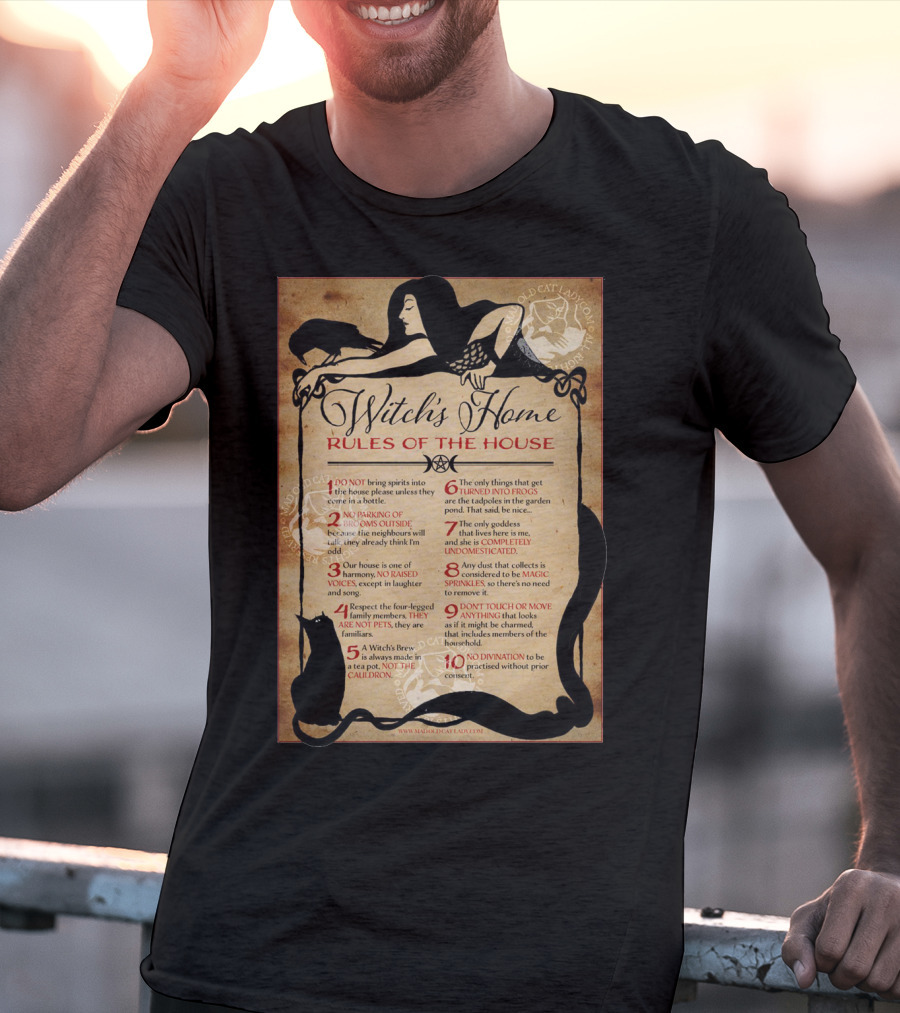 Witch's Home Rules Of The House Guide With Black Cat, Raven, Potion, Magic, And Enchanting Text Elements T-Shirt