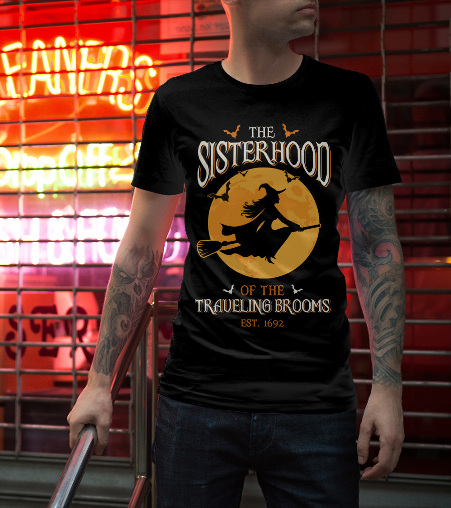 The Sisterhood Of The Traveling Brooms EST 1692 Halloween Witch And Full Moon T-Shirt