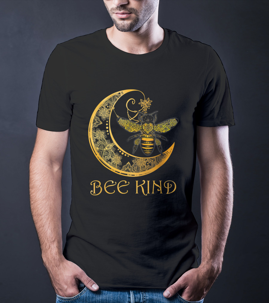 Bee Kind Golden Mandala Bee On Crescent Moon T-Shirt