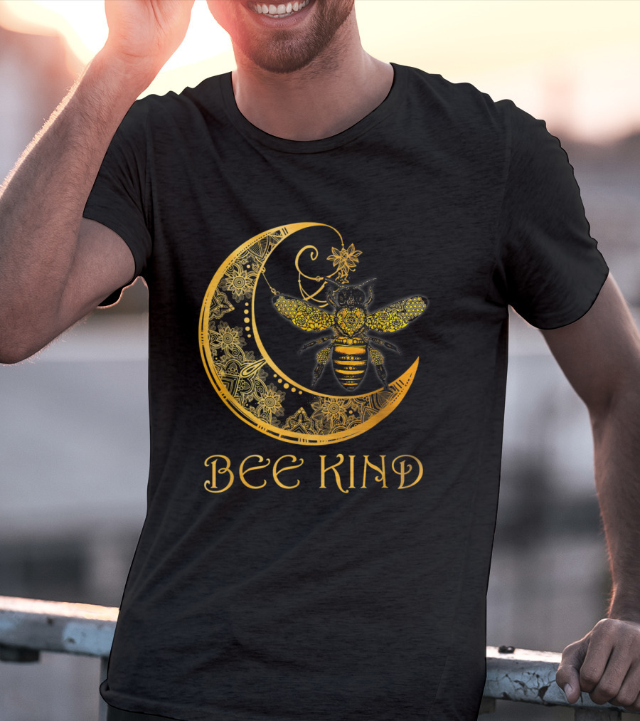 Bee Kind Golden Mandala Bee On Crescent Moon T-Shirt