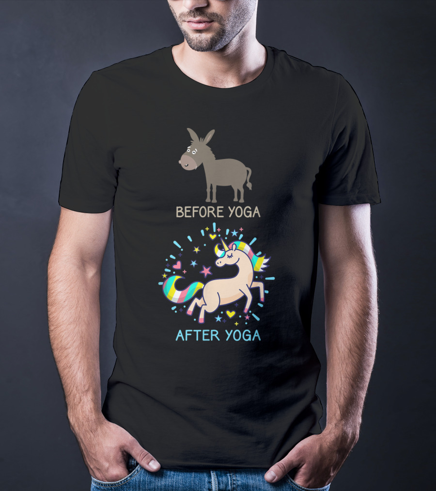 Before Yoga Donkey After Yoga Fantasy Unicorn Transformation T-Shirt