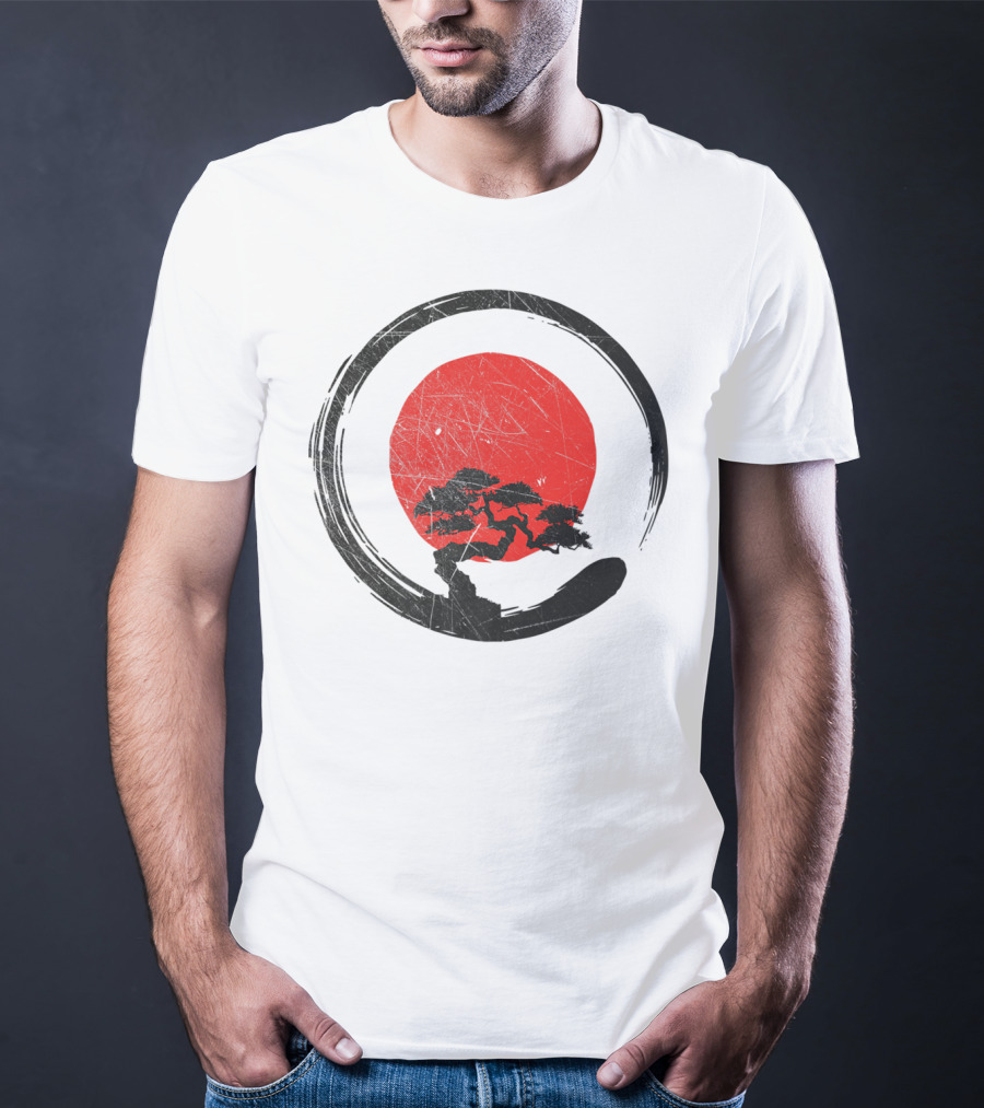 Buddhism Meditation Enso Circle With Red Sun And Bonsai Tree Zen Yoga T-Shirt
