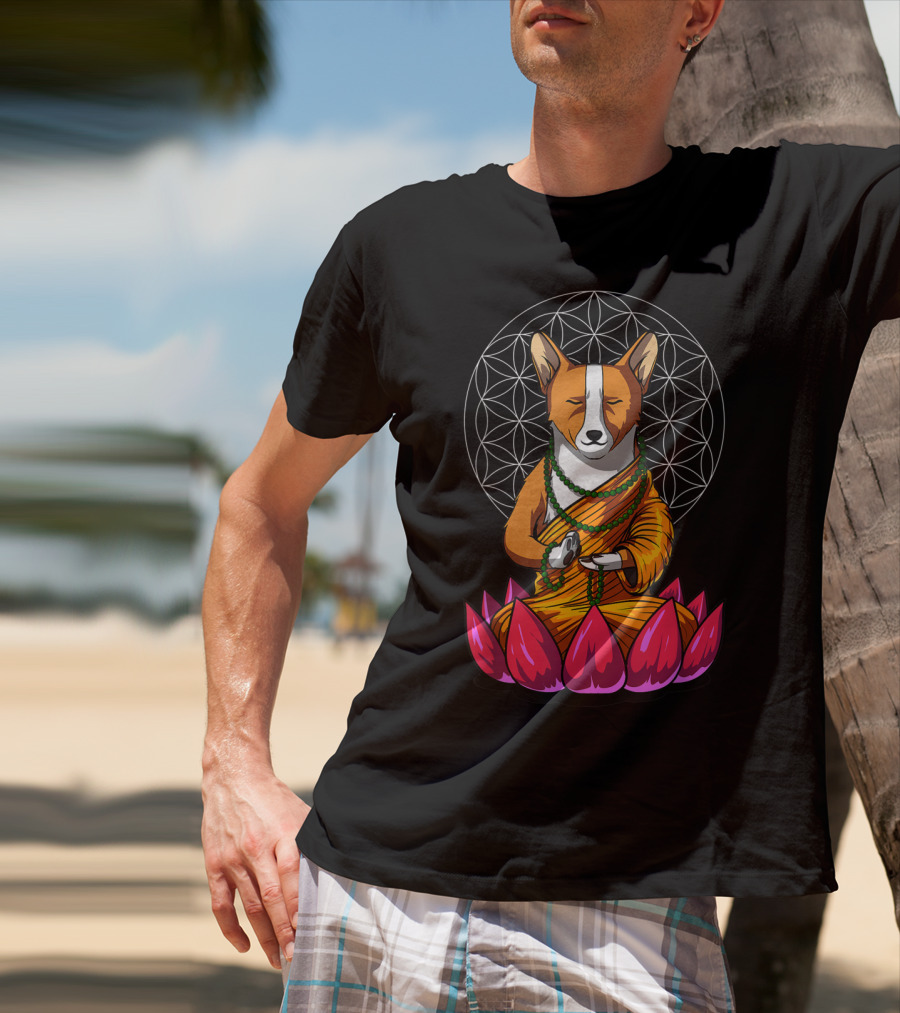 Corgi Dog Meditating In Buddha Pose With Lotus And Mandala Background T-Shirt