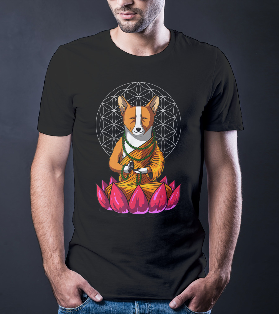 Corgi Dog Meditating In Buddha Pose With Lotus And Mandala Background T-Shirt
