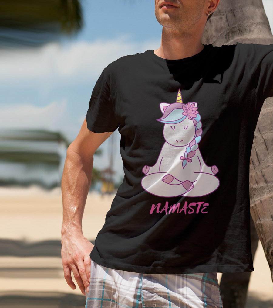 Namaste Unicorn Meditation Yoga Pose With Om Symbol And Flower Mane T-Shirt