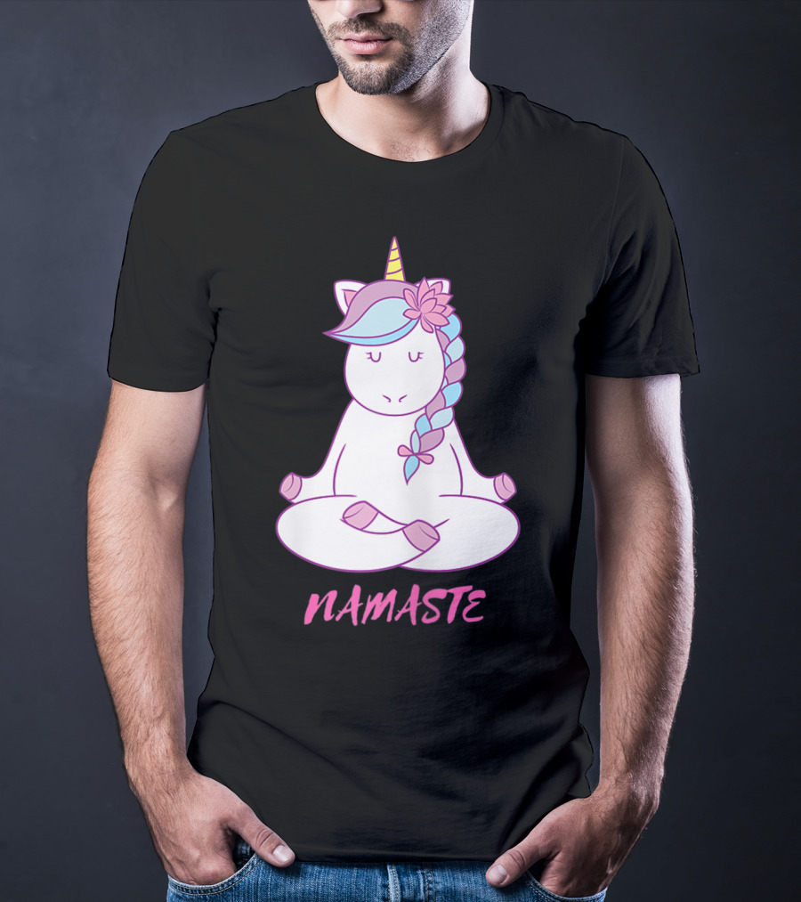Namaste Unicorn Meditation Yoga Pose With Om Symbol And Flower Mane T-Shirt