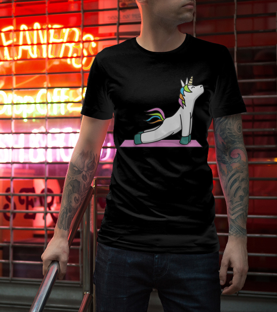 Cute Yoga Unicorn Meditation Fitness Pose With Rainbow Mane T-Shirt