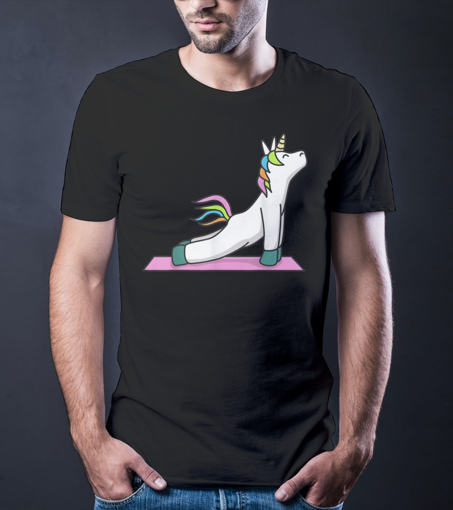 Cute Yoga Unicorn Meditation Fitness Pose With Rainbow Mane T-Shirt