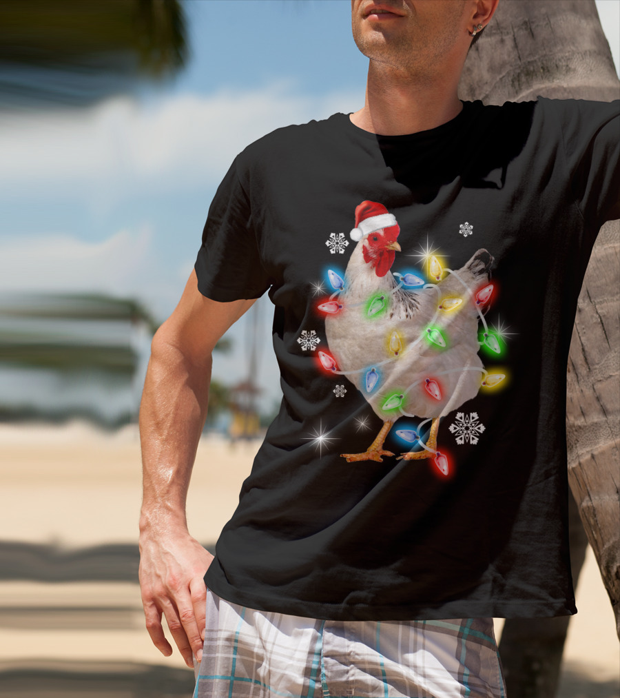 Chicken Noel Christmas Lights Santa Hat Snowflakes T-Shirt