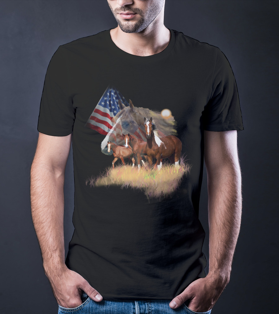 American Flag Majestic Horse Trio T-Shirt