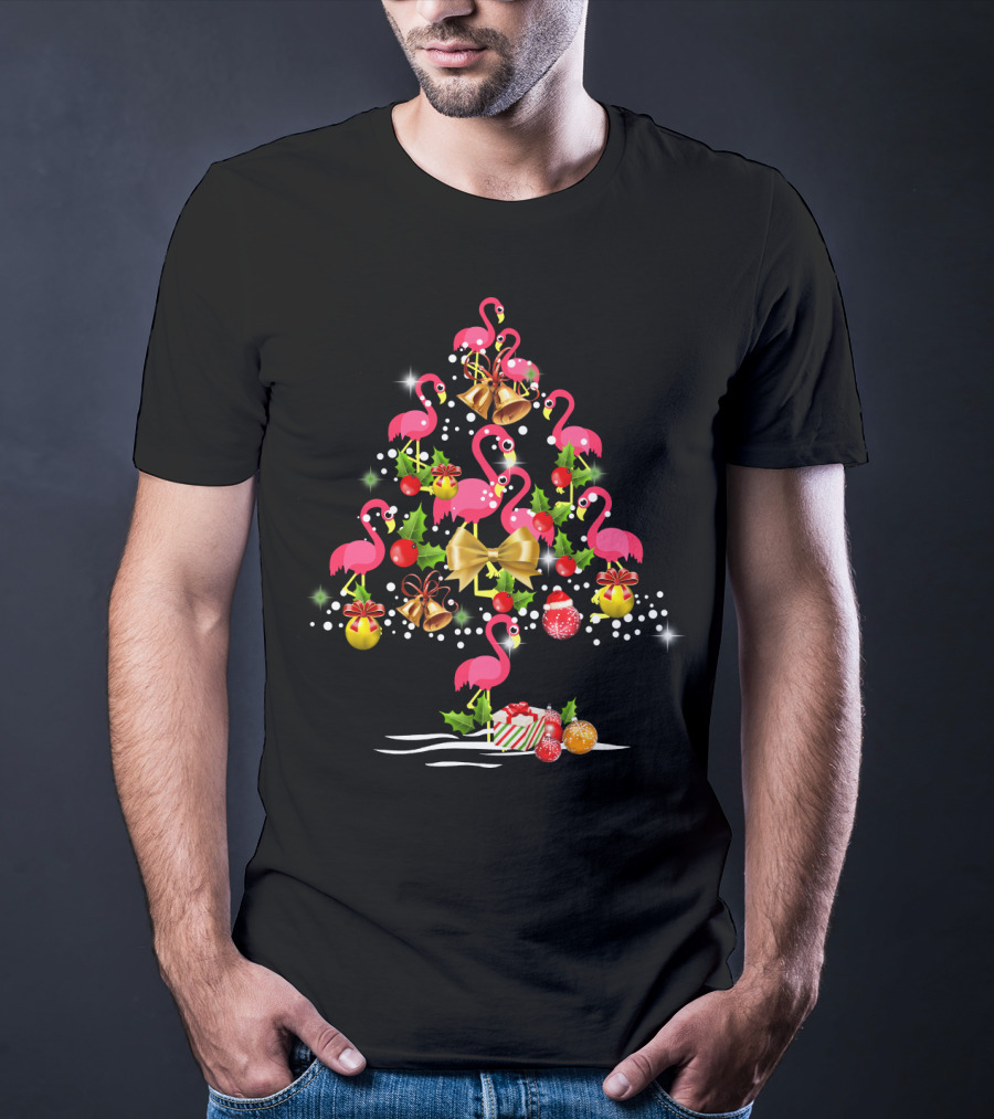 Flamingo Christmas Tree Festive Ornaments And Bells T-Shirt
