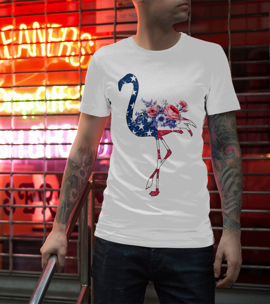 Flamingo American Flag Stars And Stripes With Floral T-Shirt