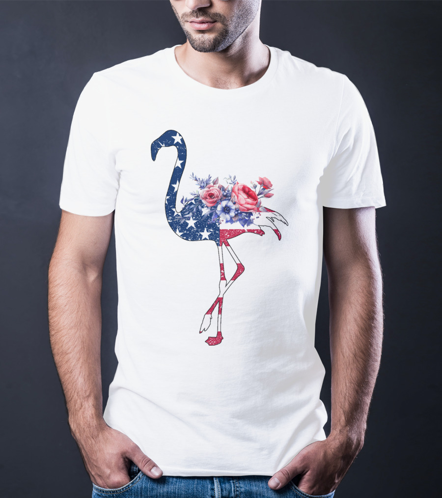 Flamingo American Flag Stars And Stripes With Floral T-Shirt