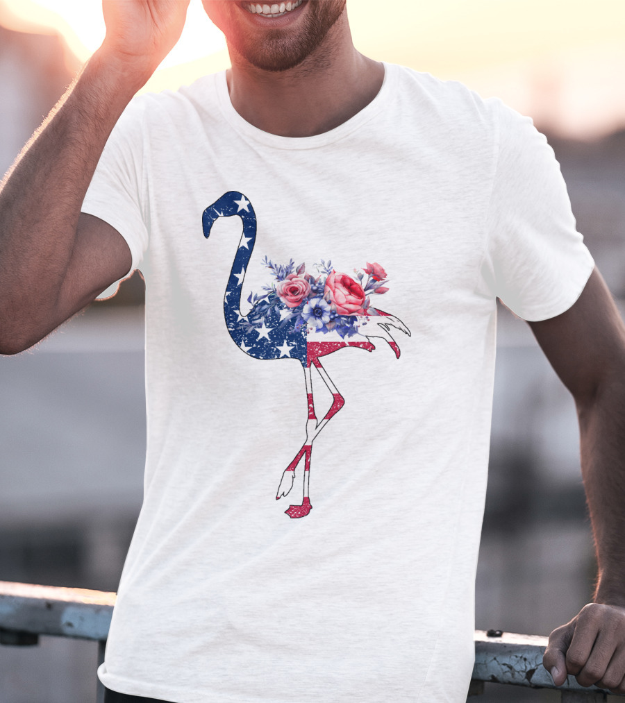 Flamingo American Flag Stars And Stripes With Floral T-Shirt