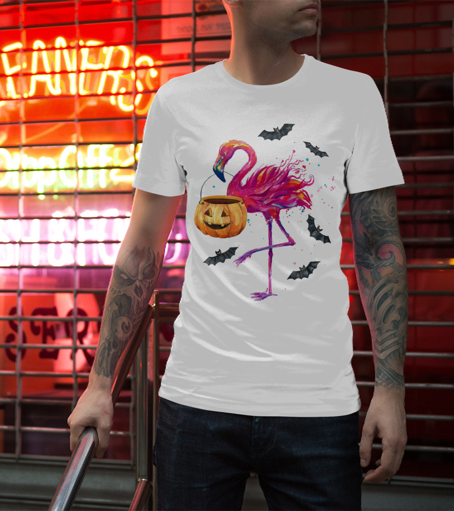 Flamingo With Halloween Pumpkin And Flying Bats T-Shirt