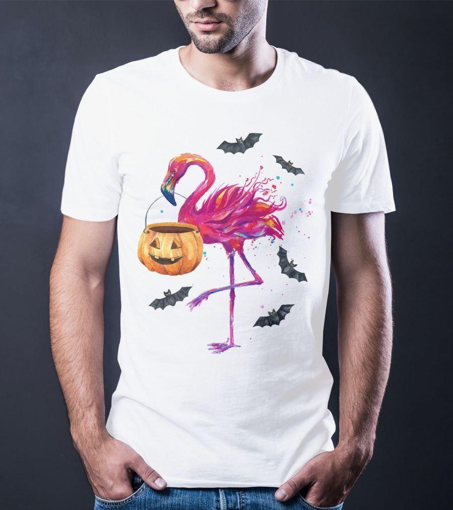 Flamingo With Halloween Pumpkin And Flying Bats T-Shirt