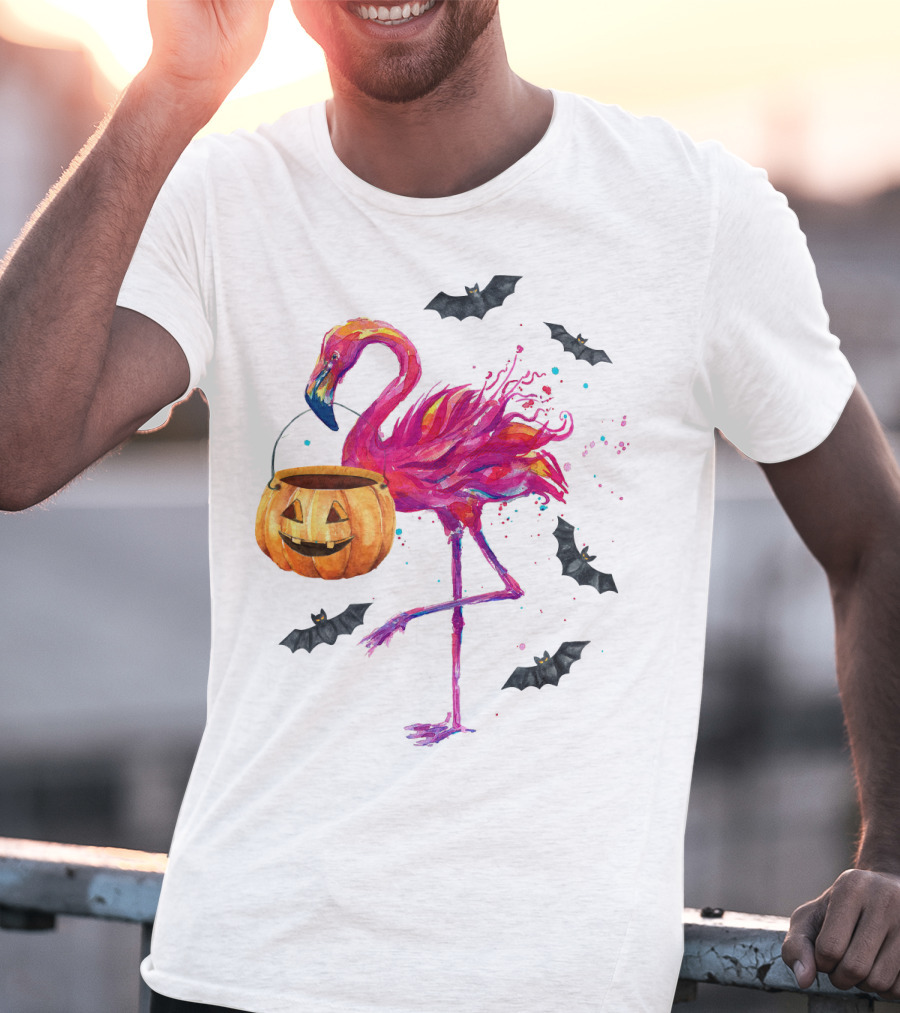 Flamingo With Halloween Pumpkin And Flying Bats T-Shirt