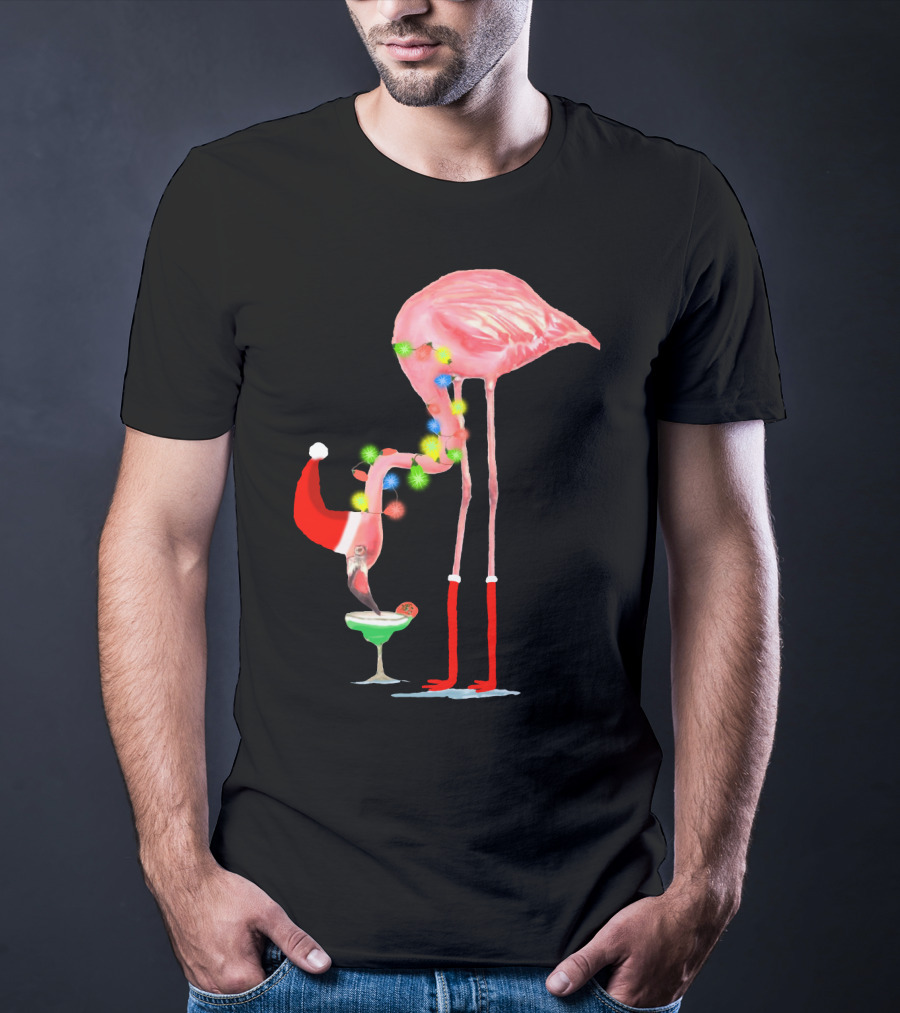 Flamingo Christmas Cocktail Santa Hat And Lights T-Shirt