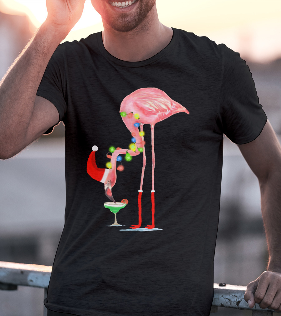 Flamingo Christmas Cocktail Santa Hat And Lights T-Shirt