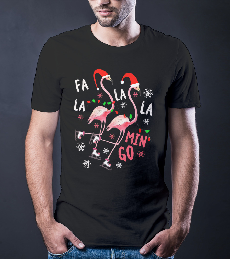 Fa La La La Mingo Christmas Flamingo Santa Hats And Ice Skates T-Shirt