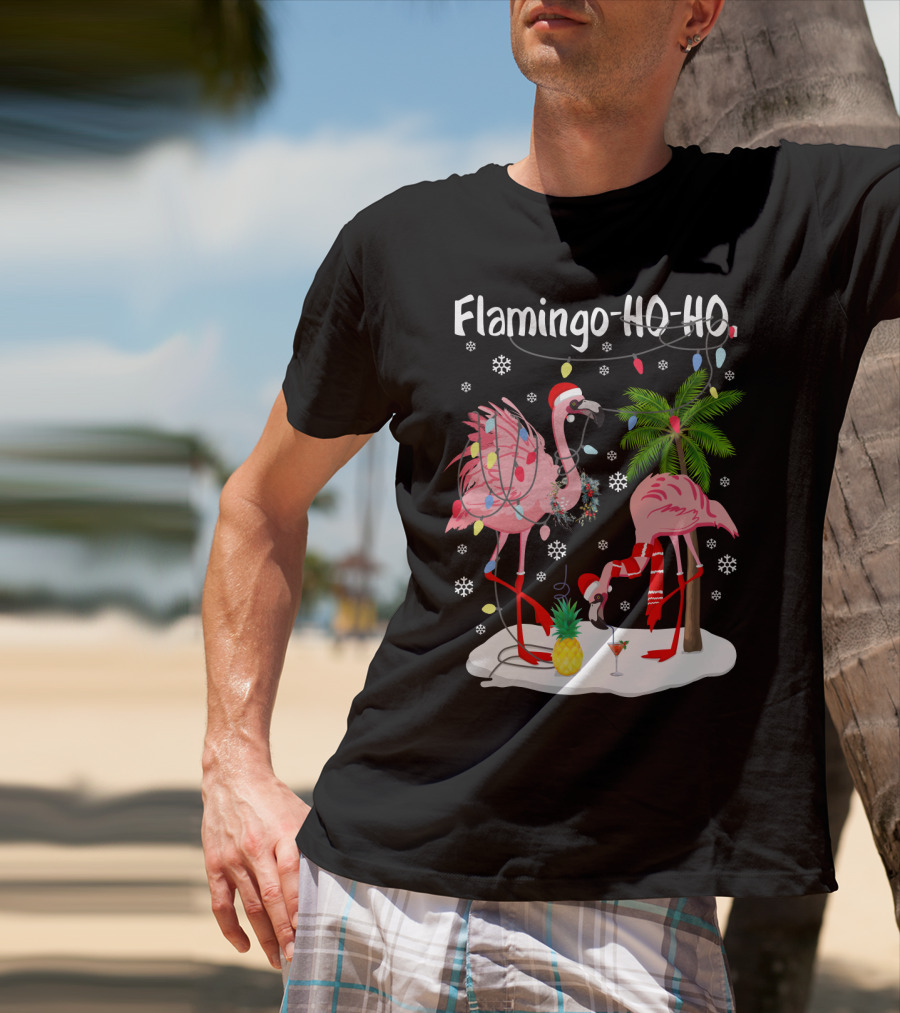 Flamingo HO-HO Christmas Lights And Snowflakes Holiday Scene T-Shirt