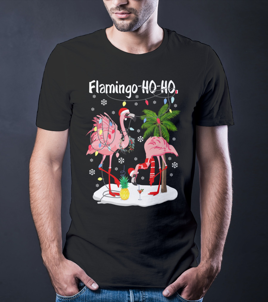 Flamingo HO-HO Christmas Lights And Snowflakes Holiday Scene T-Shirt