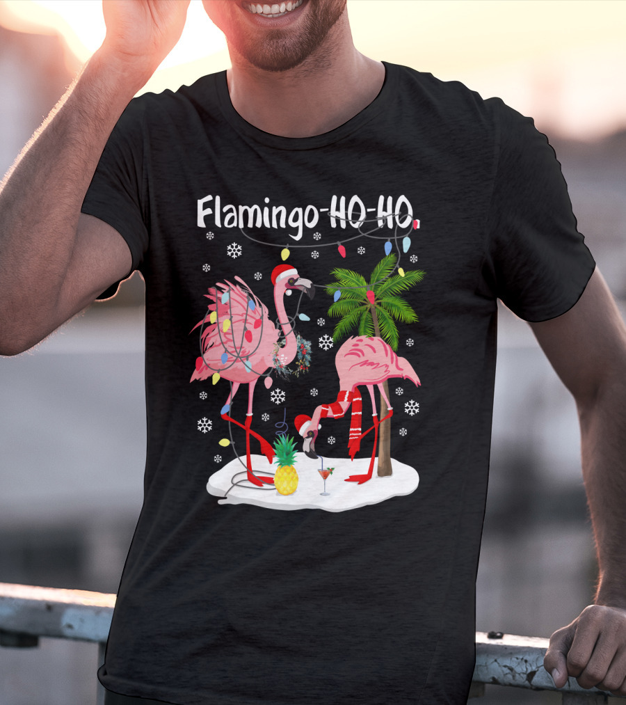 Flamingo HO-HO Christmas Lights And Snowflakes Holiday Scene T-Shirt