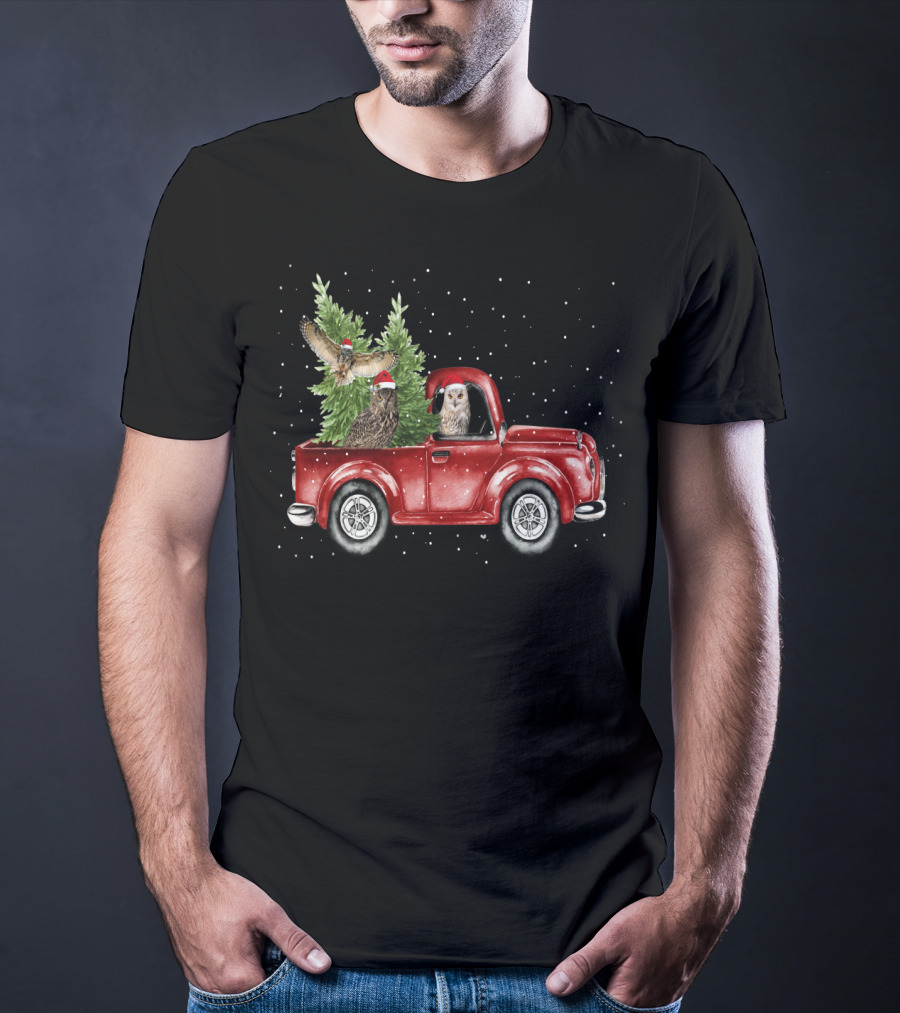 Owl Christmas Red Truck With Santa Hats And Tree T-Shirt