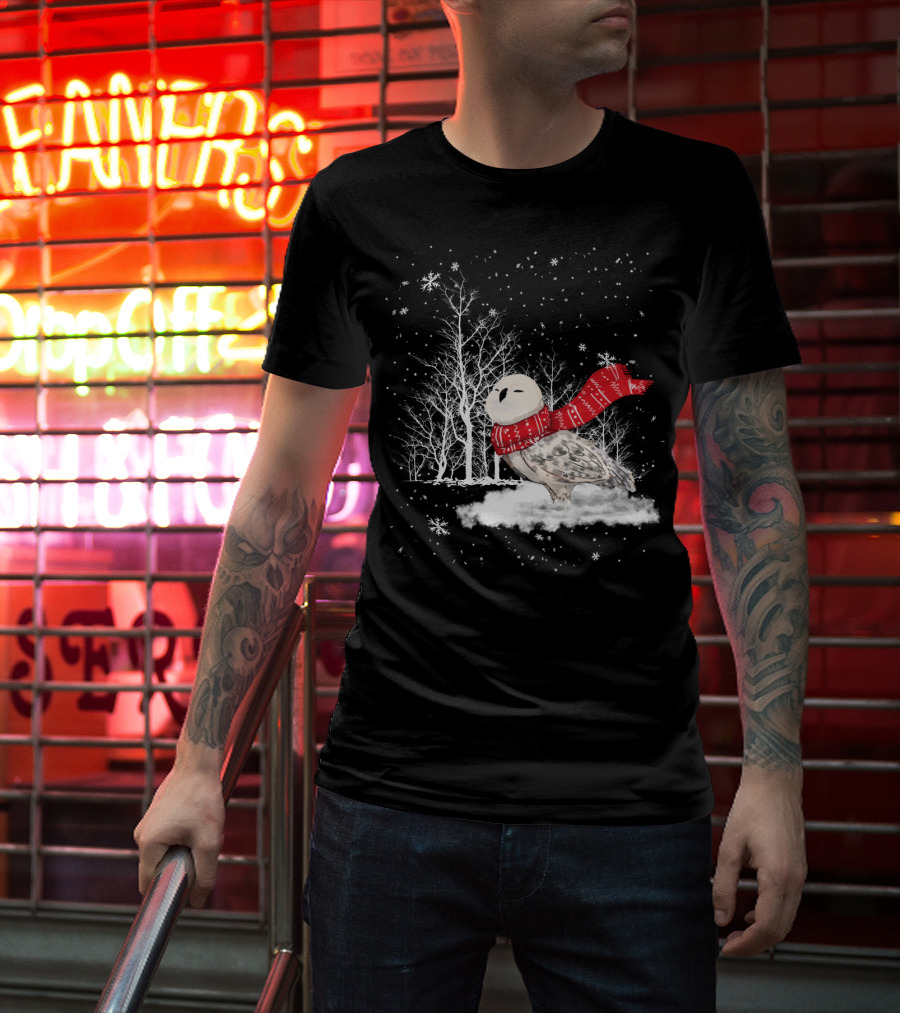Snowy Owl Red Scarf Winter Scene T-Shirt
