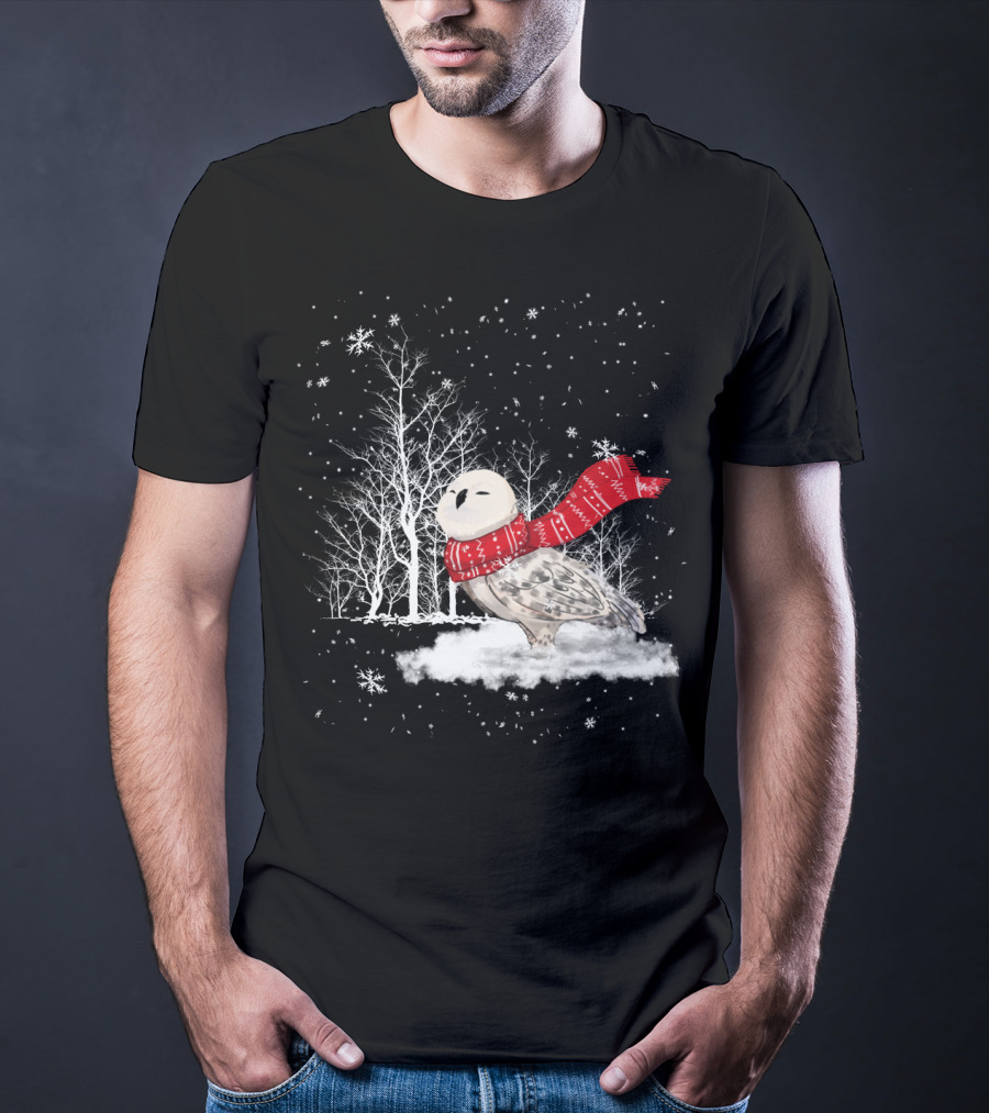Snowy Owl Red Scarf Winter Scene T-Shirt