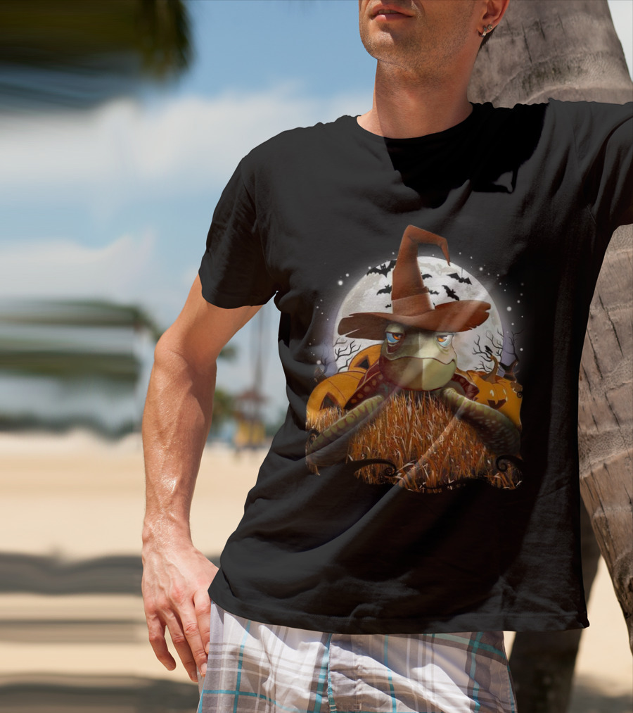 Halloween Turtle In Witch Hat Moonlit Pumpkin Patch T-Shirt