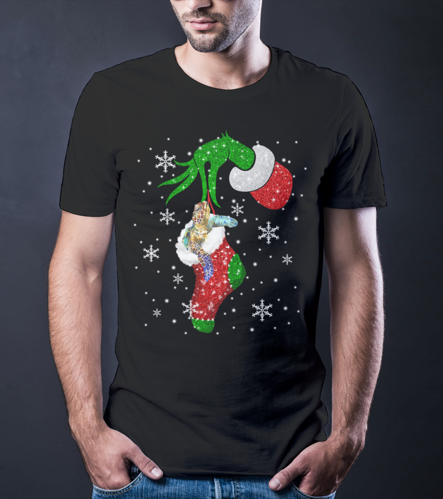 Grinch Christmas Turtle In Glittery Stocking With Snowflakes T-Shirt