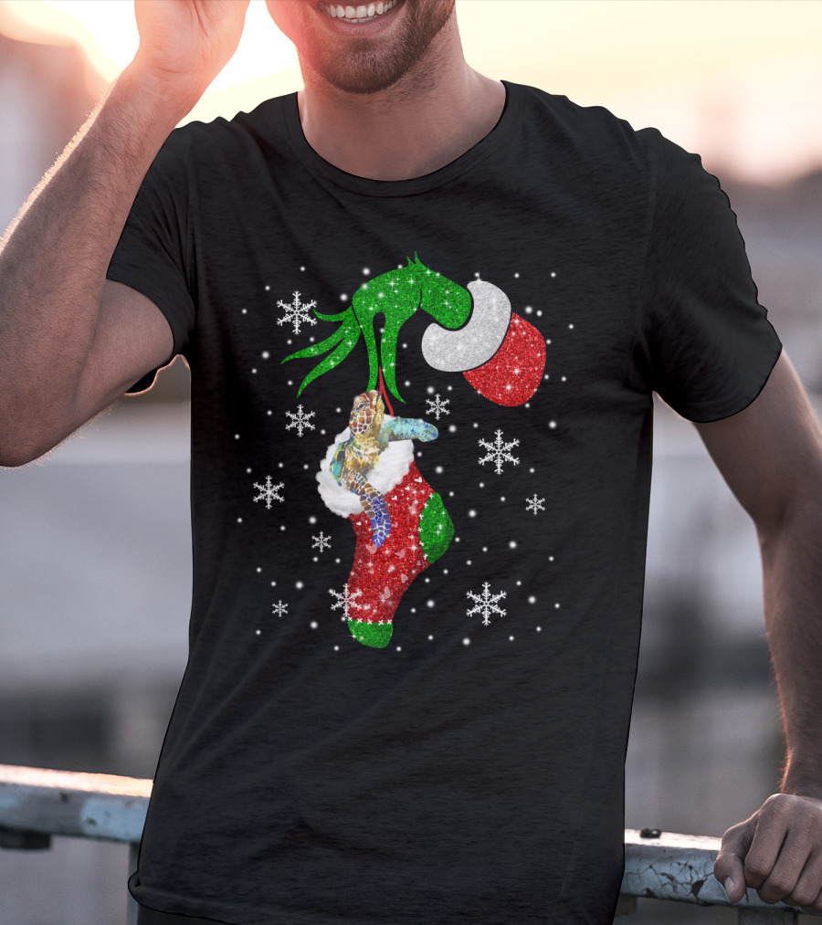 Grinch Christmas Turtle In Glittery Stocking With Snowflakes T-Shirt