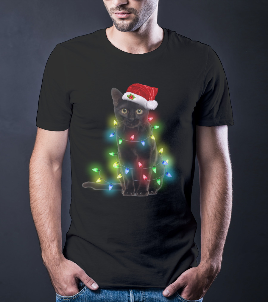 Cat Wrapped In Christmas Lights With Santa Hat T-Shirt