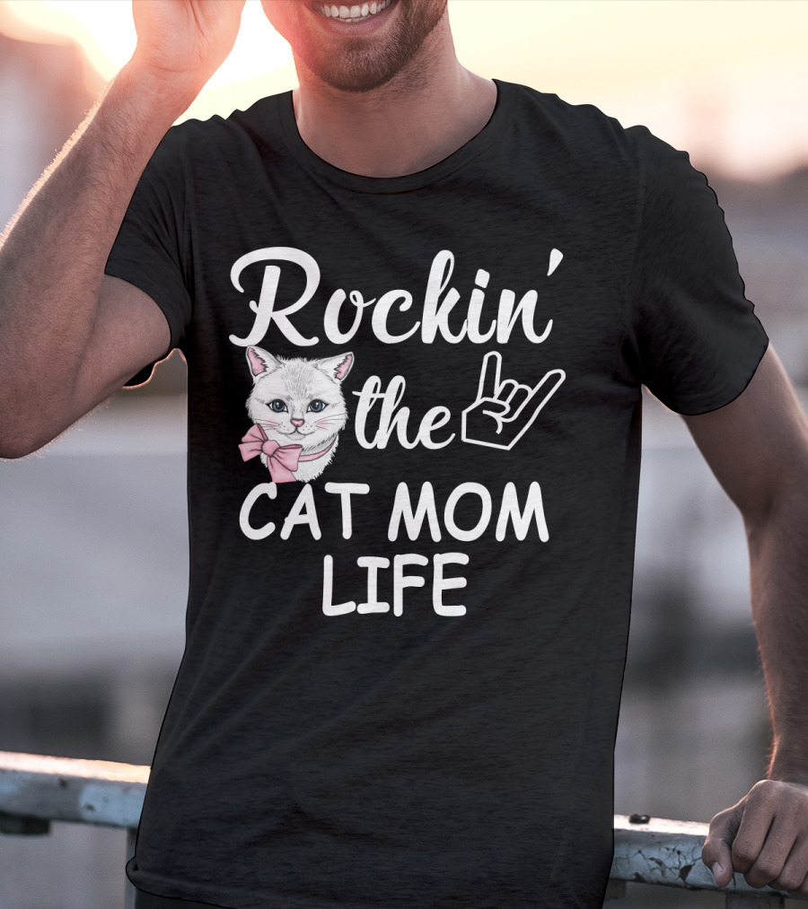 Rockin' The Cat Mom Life With Rock Hand And Pink Bow Cat T-Shirt