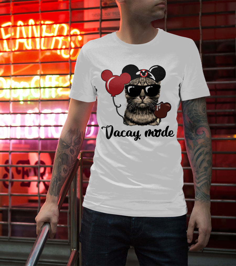 Vacay Mode Cat With Mouse Ears, Balloon, Sunglasses, Chocolate For Fans T-Shirt