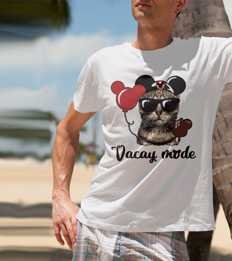 Vacay Mode Cat With Mouse Ears, Balloon, Sunglasses, Chocolate For Fans T-Shirt
